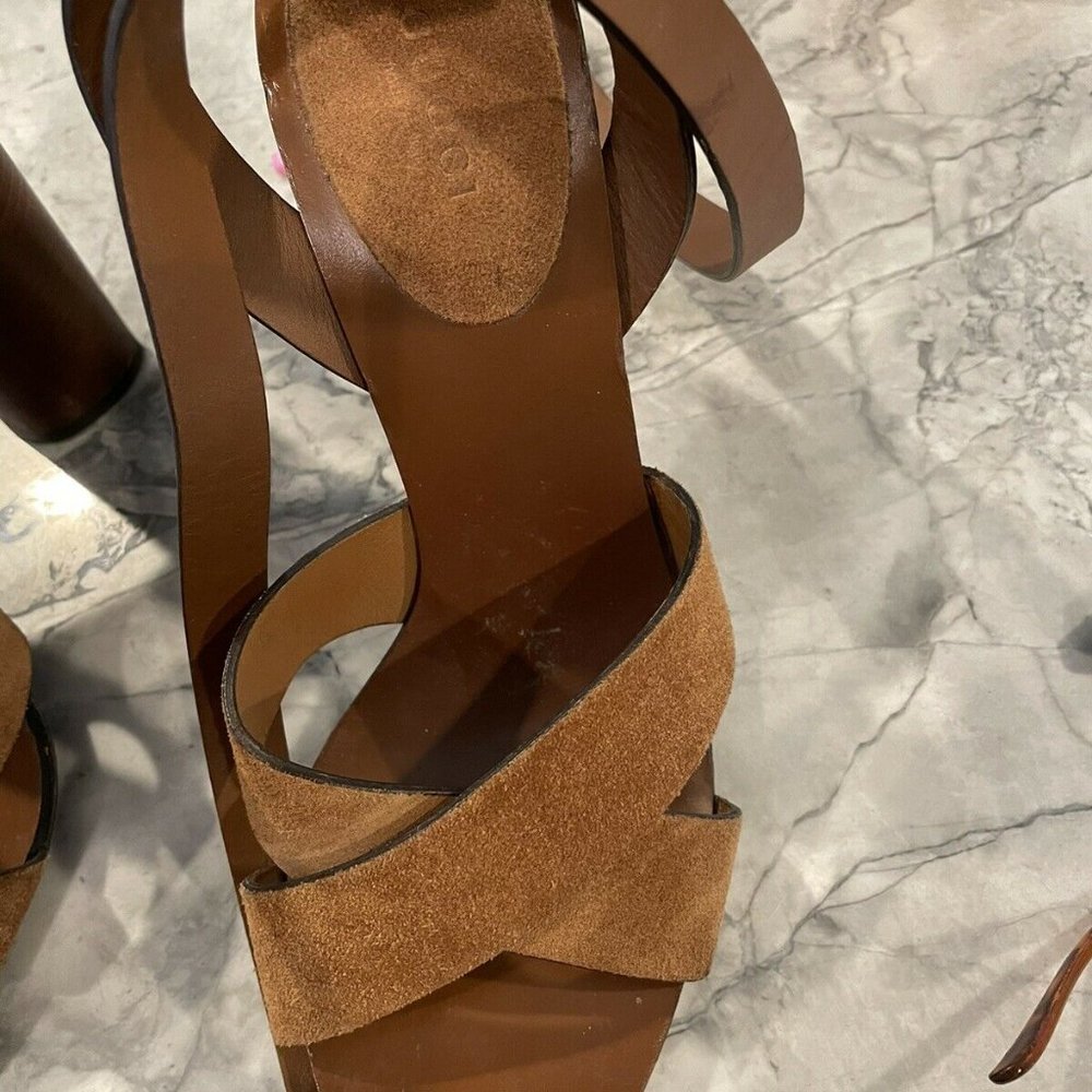 GUCCI 37.5 Brown Suede & Leather Ankle Wrap Strap Sandal Heels Maori - Picture 11 of 11
